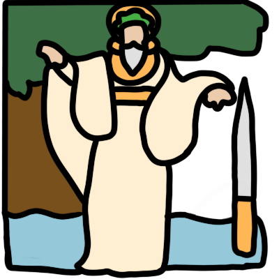 a full-body drawing of a historical druid, shown as a white man with a silver beard and white robes, adorned in gold and with a wreath of green leaves on his head. he is holding up both arms, one hand facing up and the other hand facing down. behind him is an oak tree and a body of water, and to his side is a large knife.